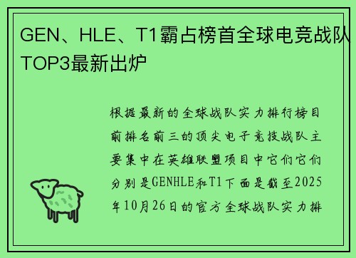 GEN、HLE、T1霸占榜首全球电竞战队TOP3最新出炉